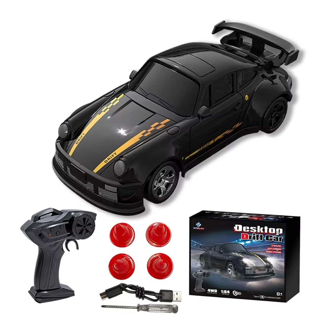 LenyKingPro 1/64 RC Drift Car, 2.4G 4WD Remote Control High Speed Mini Racing Car, Electric Racing RC Sports Car with Full Proportional Control - RTR Version (Black)