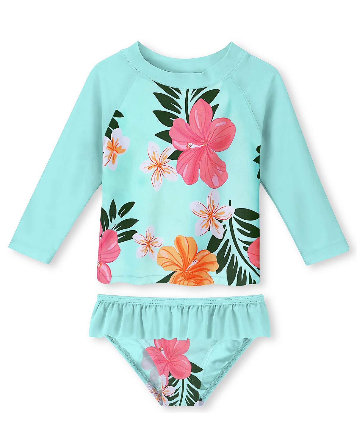 uideazone Young Girls Floral Print Swimsuit Ruffle Two Piece Long Sleeve Beachwear Swimwear 9-10 Years