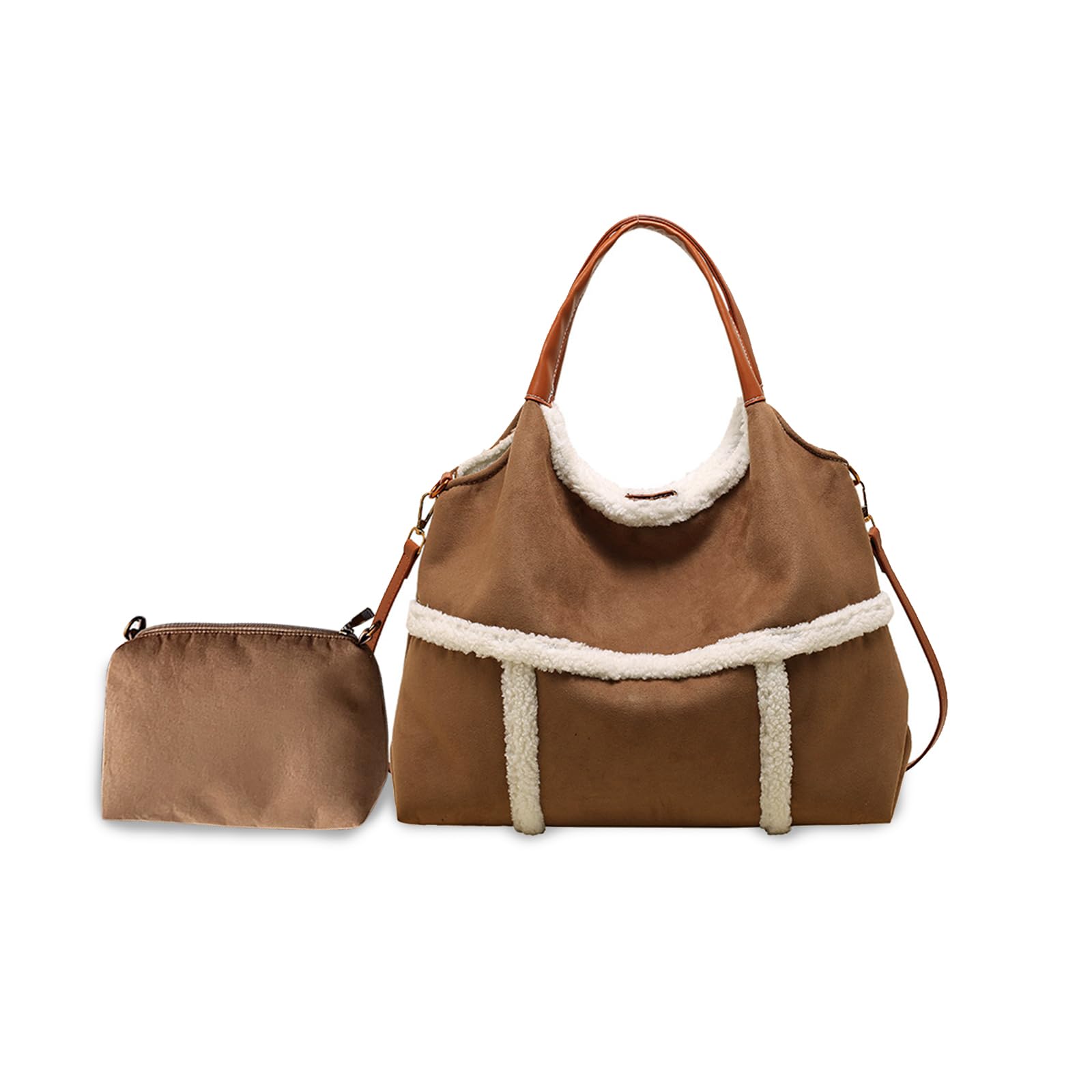 CORIOS Borsa a Mano in Lana di Agnello da Donna, Spalla in Pelle Scamosciata Grande, Tracolla Morbido Peluche, Tote Retro Messenger 2 Pezzi Marrone