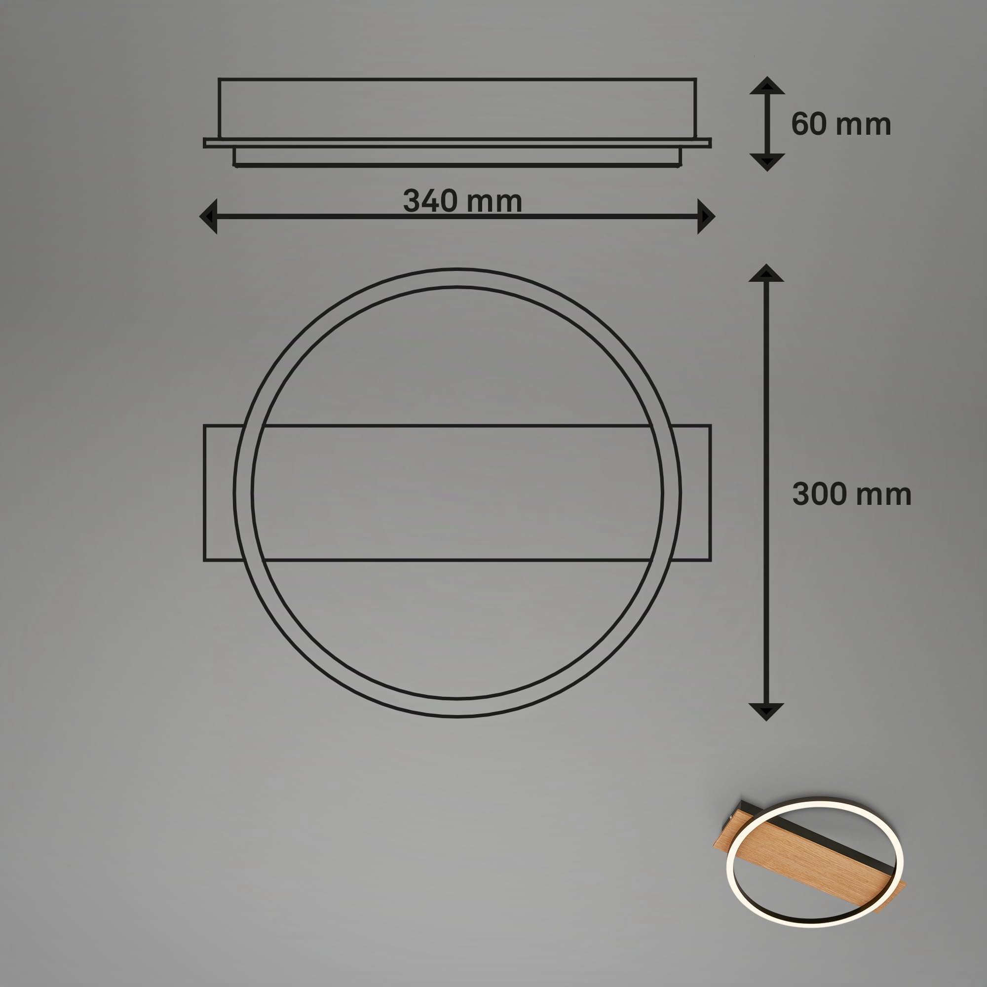 BRILONER - Plafonnier LED décor bois, lumière blanche chaude, 13W, 1400 lm, plafonnier, lampe, lampe de salon, lampe de chambre, lampe de cuisine, 34x30x6 cm, noir-bois