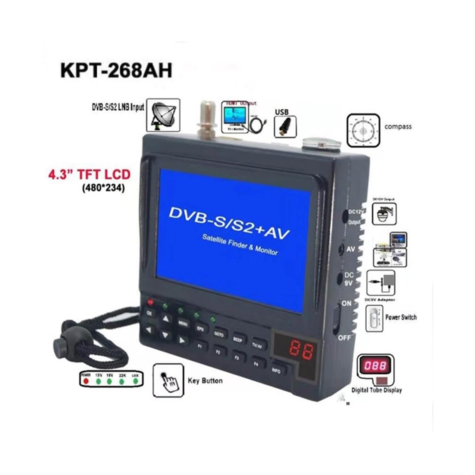 Cercatore satellitare, Monitor Del Dispositivo Di Debug Segnale Multifunzionale Da 2 Pezzi 4,3 Pollici Con Supporto Ad Alta Definizione Per HHT KPT-268AH,Misurazione del segnale