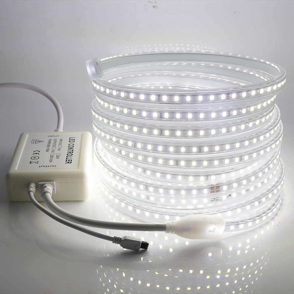 220V Tiras LED con regulador de intensidad,SMD 2835 120LEDs/m, IP67 Impermeable, Escalera de Techo Tira de LED Cocina Cable Luces Flexible LED Strip Light Decoración (25m, Blanco)