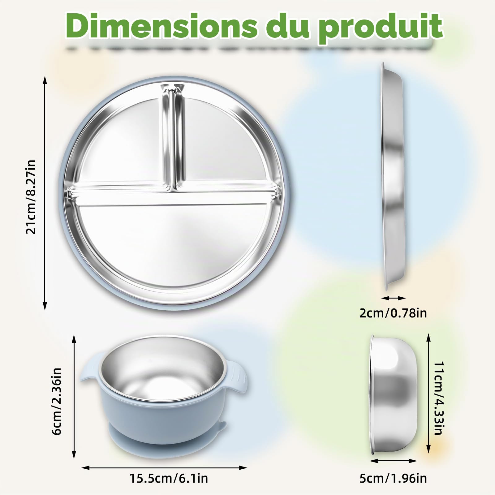 2 Assiettes En Acier Inoxydable Avec Ventouse + 2 Bols En Acier Inoxydable Avec Ventouse, Avec Housse En Silicone Amovible, Lavables Au Lave-Vaisselle (BlueGreen)