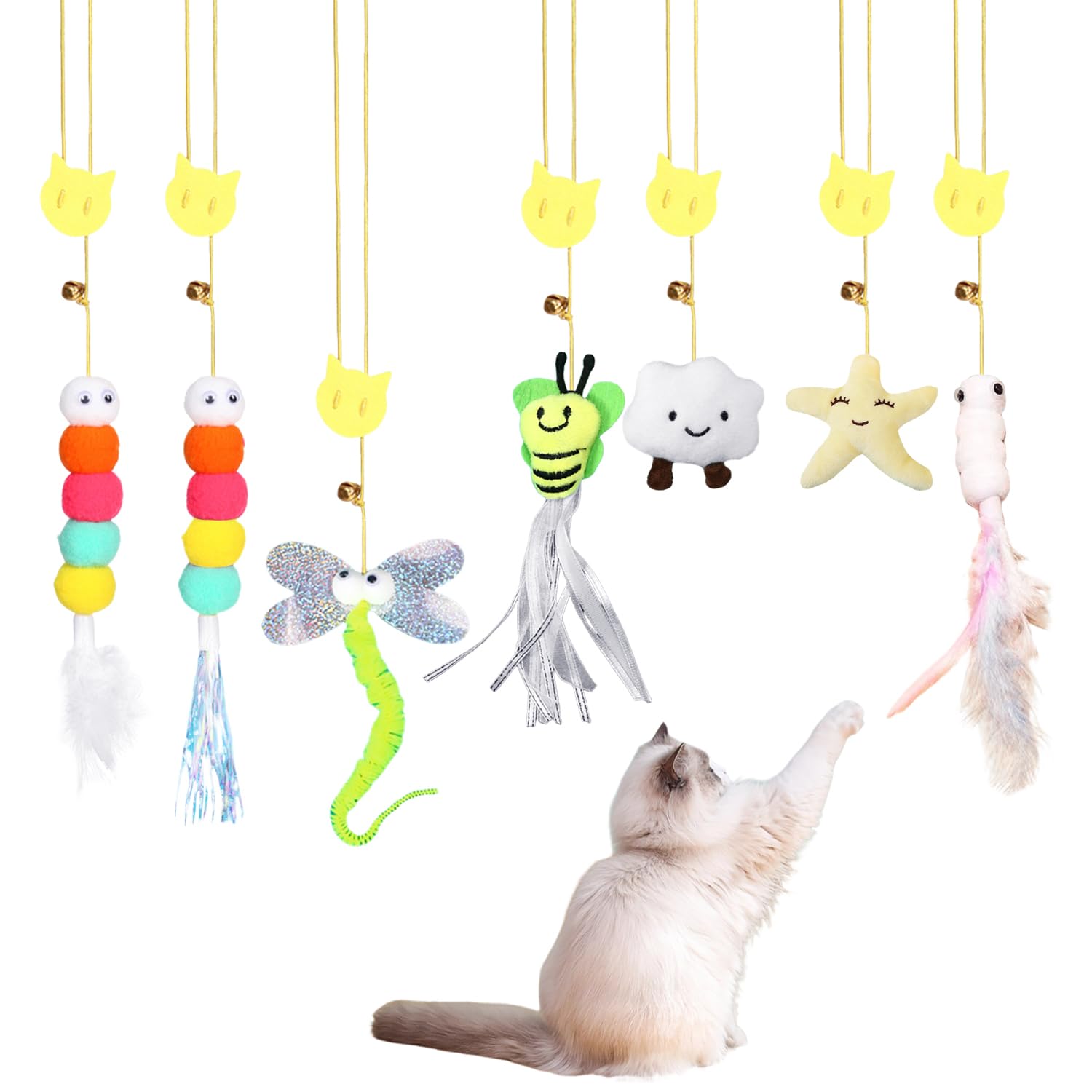 USHXVG 7 Piece Cat Toys, Door Hanging Retractable & Plush Spring Toys, Interactive for Indoor Cats, 26cm, 23cm, 24cm, 18cm