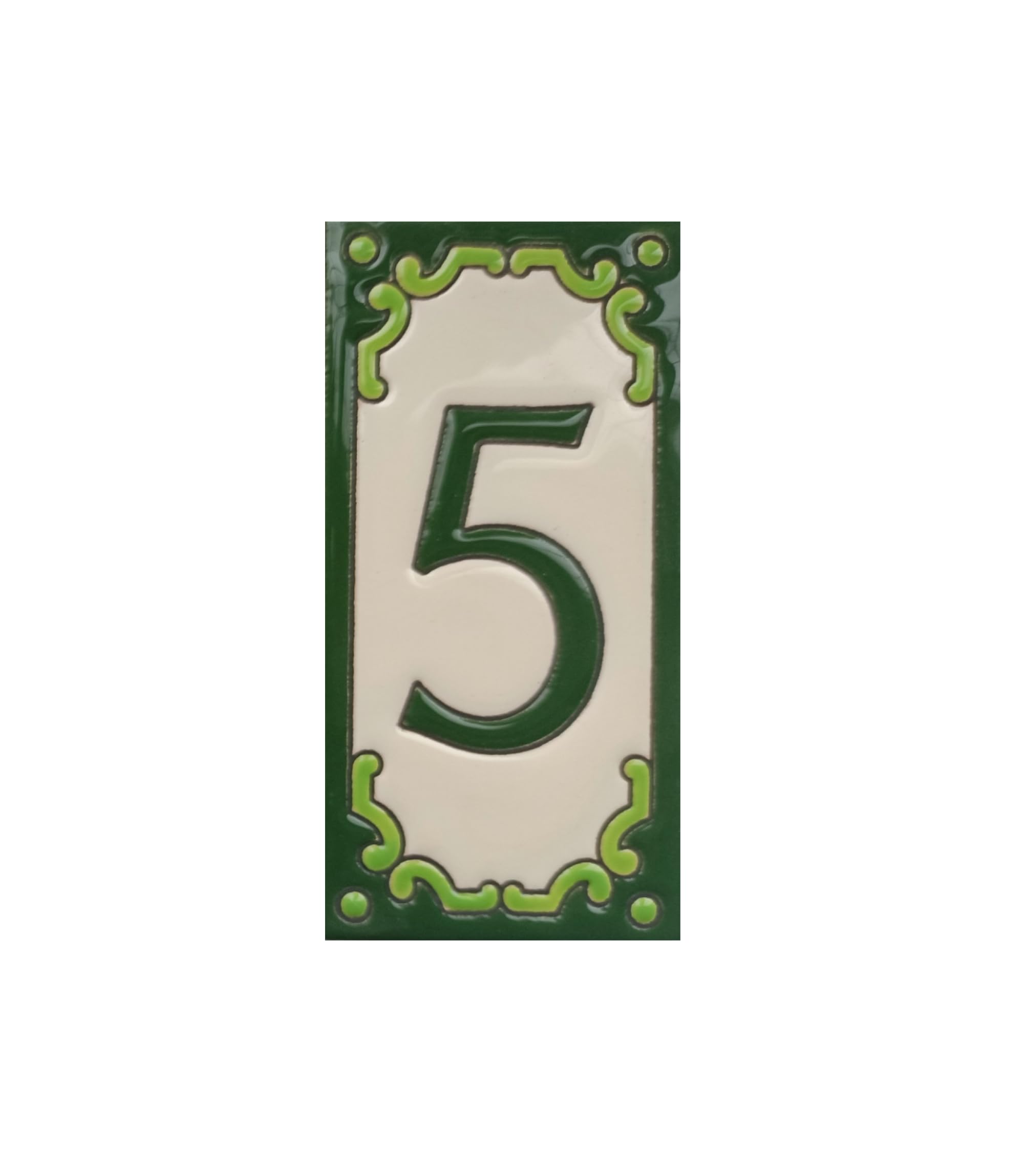 Hand-Painted Jacho Green Number Tiles Option of Metal Filigree Frames - 11 x 5.5 cm (Number 5 Tile)