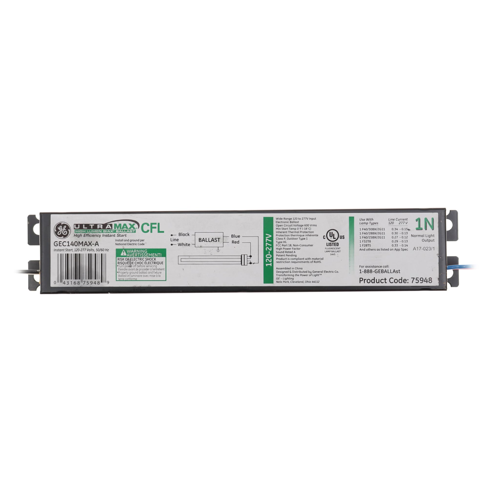 GE75948 GEC140MAX-A CFL UltraMax? High Lumen Biax? Electronic Multivolt Instant Start Ballast