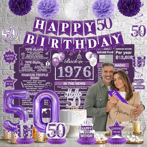 Image of Crenics Purple 50th Birthday Decorations for Women - Back in 1976 Backdrop, Banner, Swirls, Centerpieces, Sash, Paper Pom Poms, Cake Topper and Balloons for 50 Birthday Party Supplies