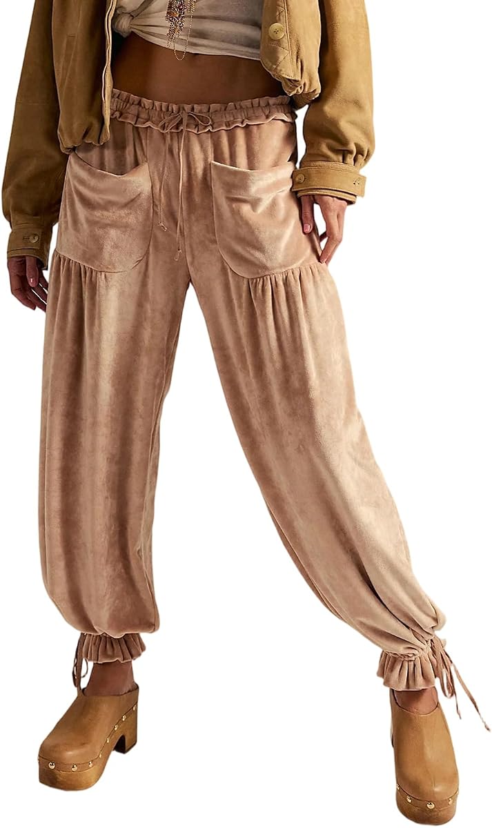 Pantalones de terciopelo para mujer con cordón en la cintura y bolsillos laterales Y2k para salir vintage de talle bajo de terciopelo lindo casual jogger