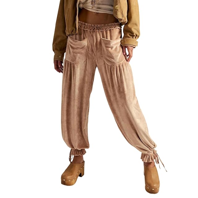 Womens Velour Drawstring Waist Pants with Side Pockets Y2k Going Out Vintage Low Rise Velvet Cute Casual Jogger