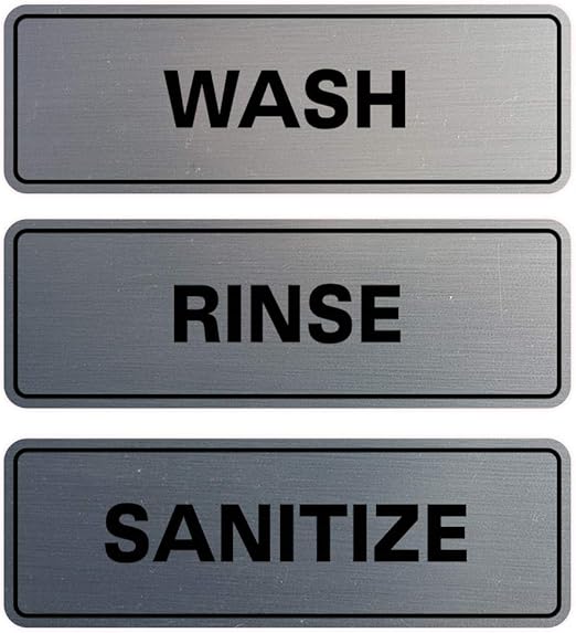 All Quality Standard WASH RINSE SANITIZE Set of 3 Bay Sink Signs - Restaurant & Commercial Kitchen Sink Signs - Easy Install - Silver (Medium)