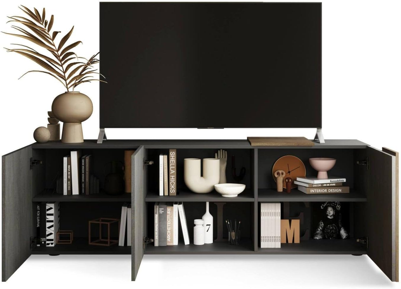 ഇൻ്റീരിയർ view of the Dmora Iseo TV Cabinet with doors open, showing six storage compartments filled with books and decorative items