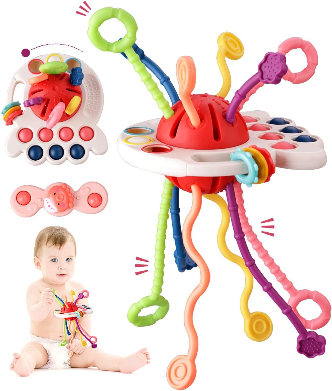 Baby Montessori Toy for 6-12-18 Months, Food Grade Silicone Pull String Activity Toy, Sensory Toys for Toddlers, Spaceship Shape Baby Toys Fine Motor Skills Toys Gift for 1 2 Year Old Boy Girl