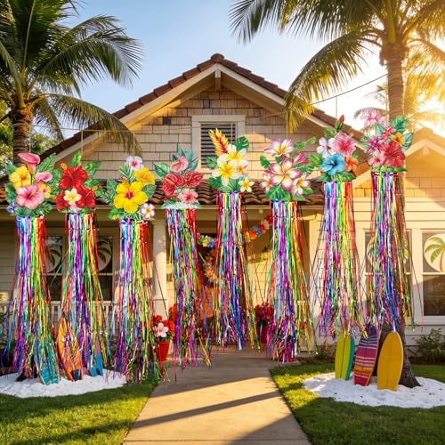 Image of Affrolling 8 Pcs Hawaiian Luau Party Decoration Tropical Flower Hanging Decorations with Tassels for Hawaii Luau Tropical Floral Birthday Party Supplies 3.3 ft Outdoor Summer Door Banner Sign Decor