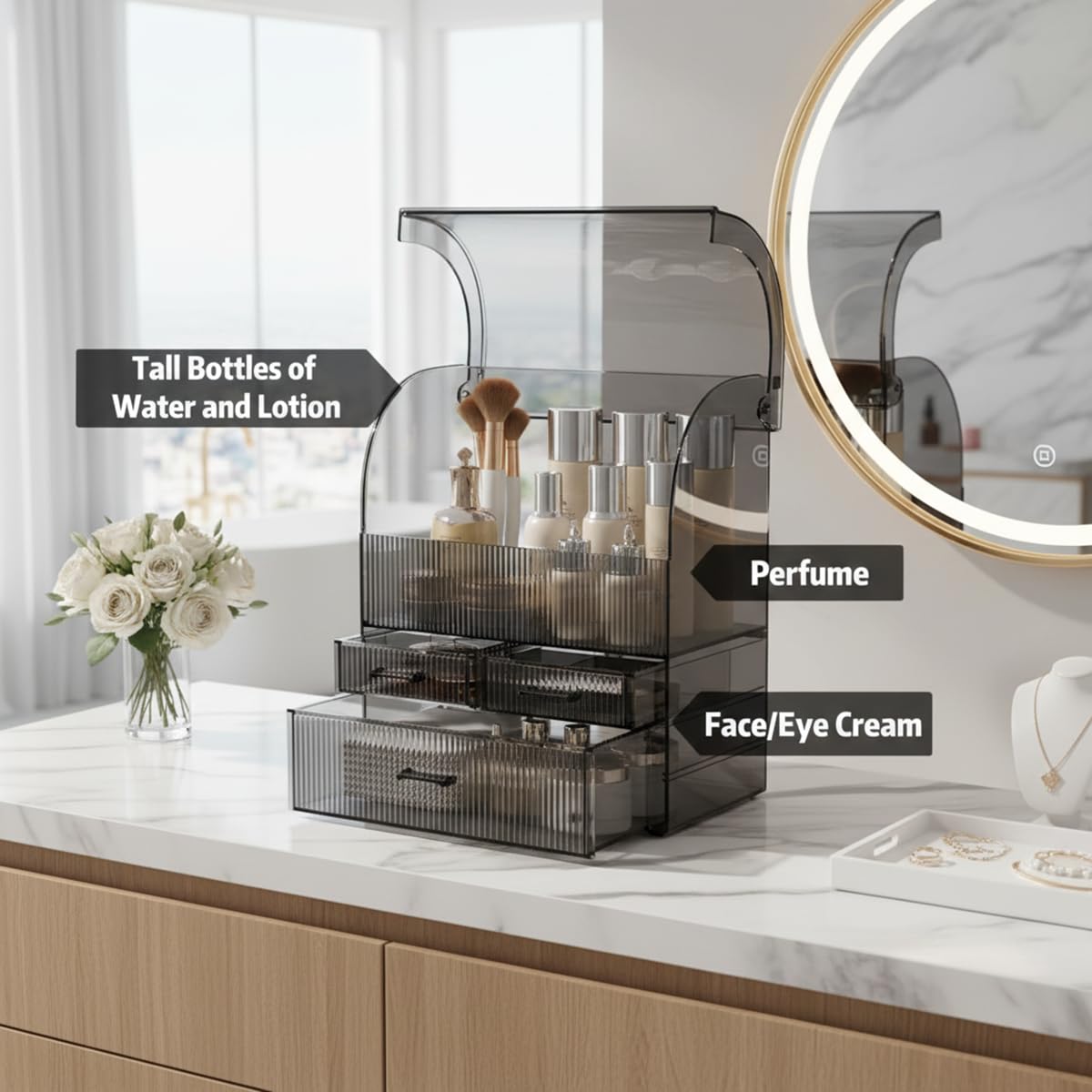 Kosmetische Aufbewahrungsorganisator, Acryl Make-up Organizer mit Deckel Staub wasserdicht, Hautpflege Kosmetik-Display Case mit 3 Schubladen für Schlafzimmer, Clear Schwarz (30 cm L x 17 cm B