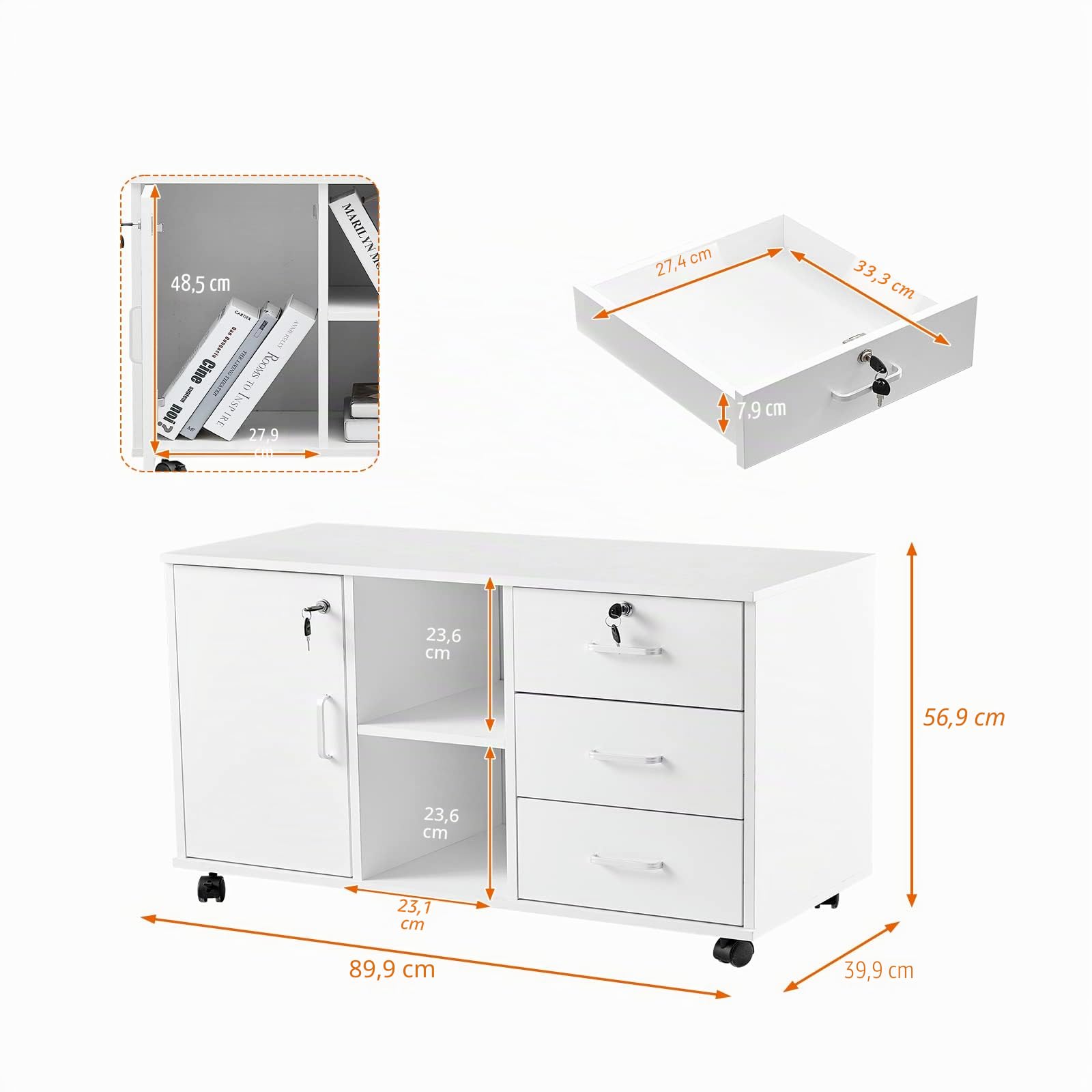 CLIPOP Mobile portadocumenti in legno con 3 cassetti con serratura laterale con ripiani aperti, 1 contenitore chiuso e 5 ruote di rotolamento, porta stampante per uso domestico o ufficio