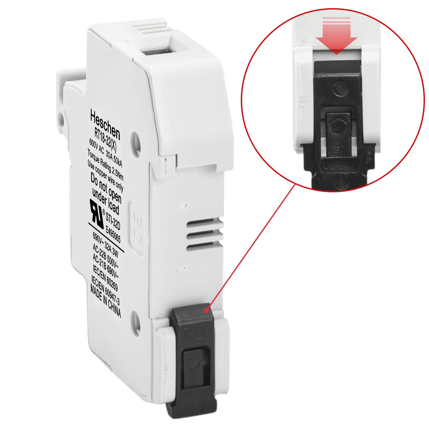 Heschen Base de portafusibles cilíndrico RT18-32(X) 32A AC690V 1P DIN montaje en riel para RT18 RO15 10 x 38 mm fusible con certificación CE
