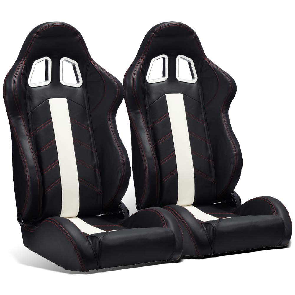 ModifyStreet 1 Pair Universal Black PVC Leather/White Strip/Red Stitching Racing Bucket Seats