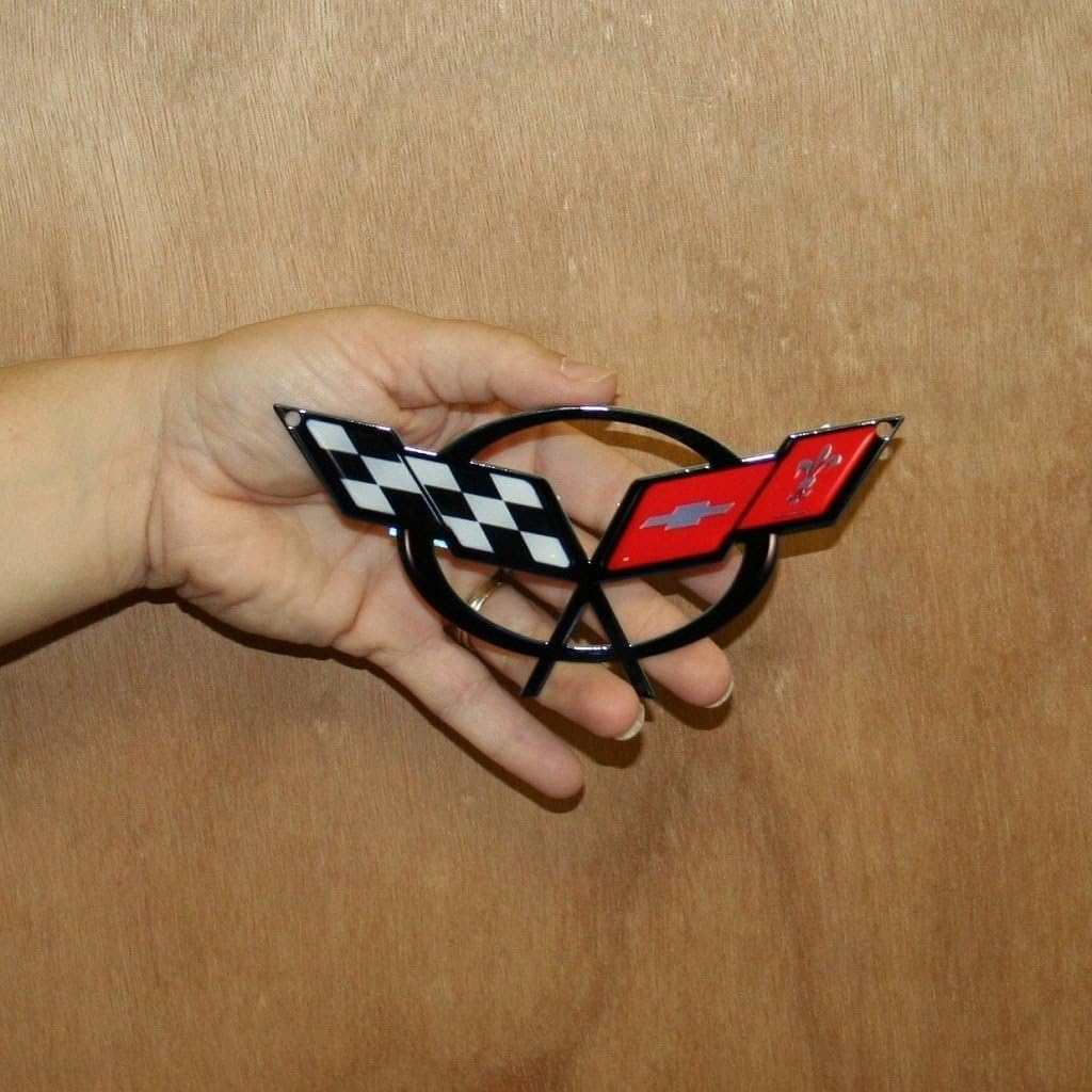 Corvette Crossed Flag Metal Magnet Emblem - Art Tool Box Crossed Flag for C5, C6 Corvettes, Grand Sport, Z06, ZR1 (C5 Logo 6" x 2 3/4")