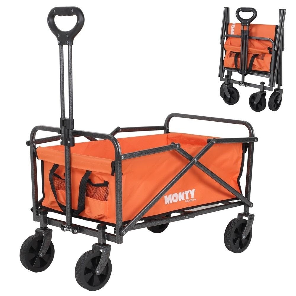 Carro playa de mano trolley, mango regulable, plegable, 2 ruedas giratorias, 69x46x87 cm, acero Epoxi anticorrosión-tejido Oxford naranja, carretilla multiusos, carga 60 kg, camping, jardín, compra