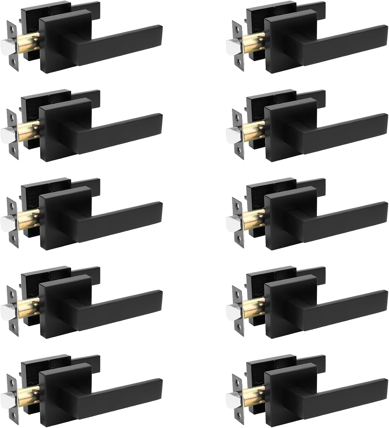 10 Pack Matte Black Passage Door Lever, Non-Locking Heavy Duty Interior Door Handle, Square Keyless Handle for Closet/Hallway, Reversible for Right & Left Side