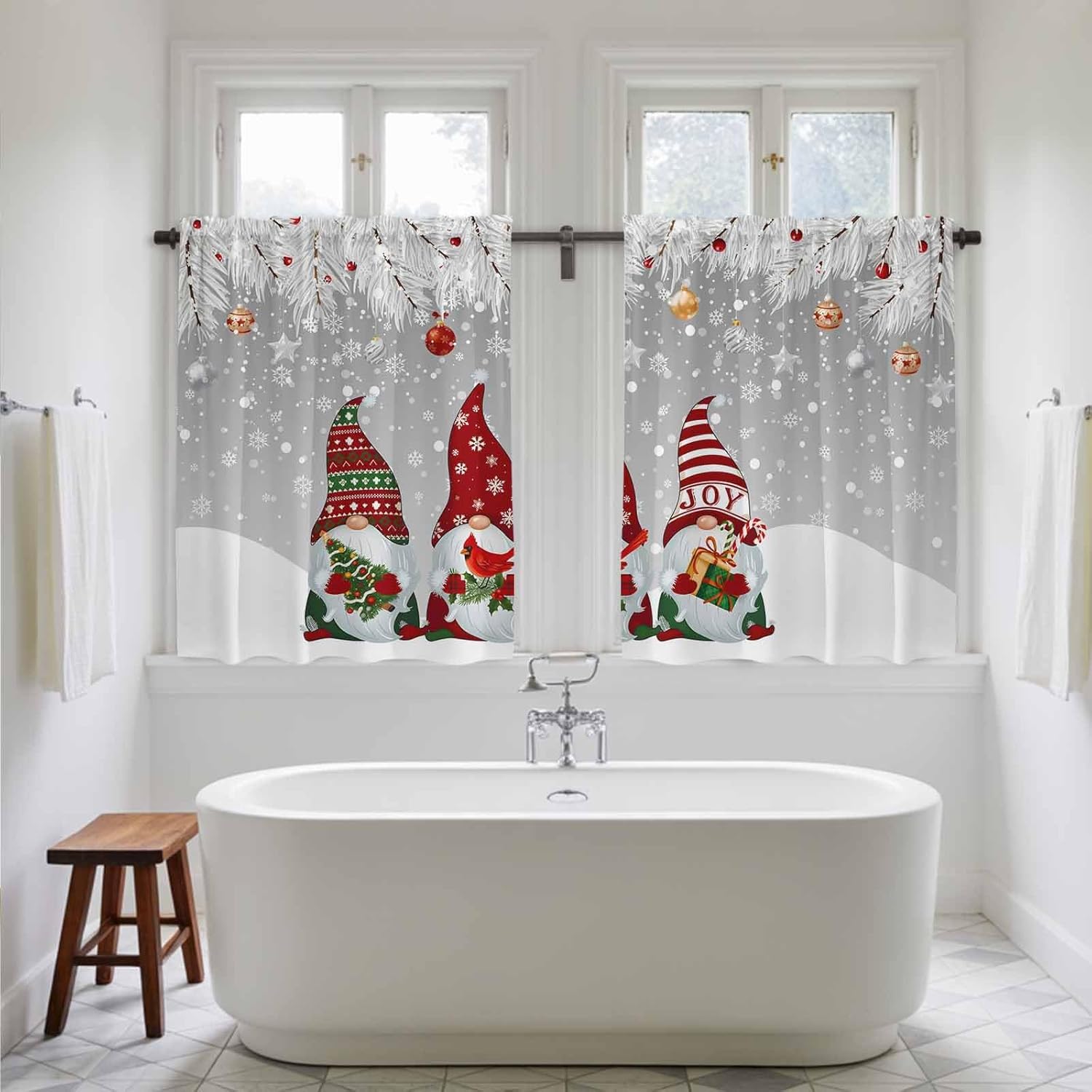 Grey Christmas Gnomes Kitchen Curtains 45 Inch Long 2 Panel Set, Rod Pocket Window Treatment, Xmas Balls Snowflake Light Filtering Short Curtains & Drapes for Bathroom Laundry 52"W x 45"L