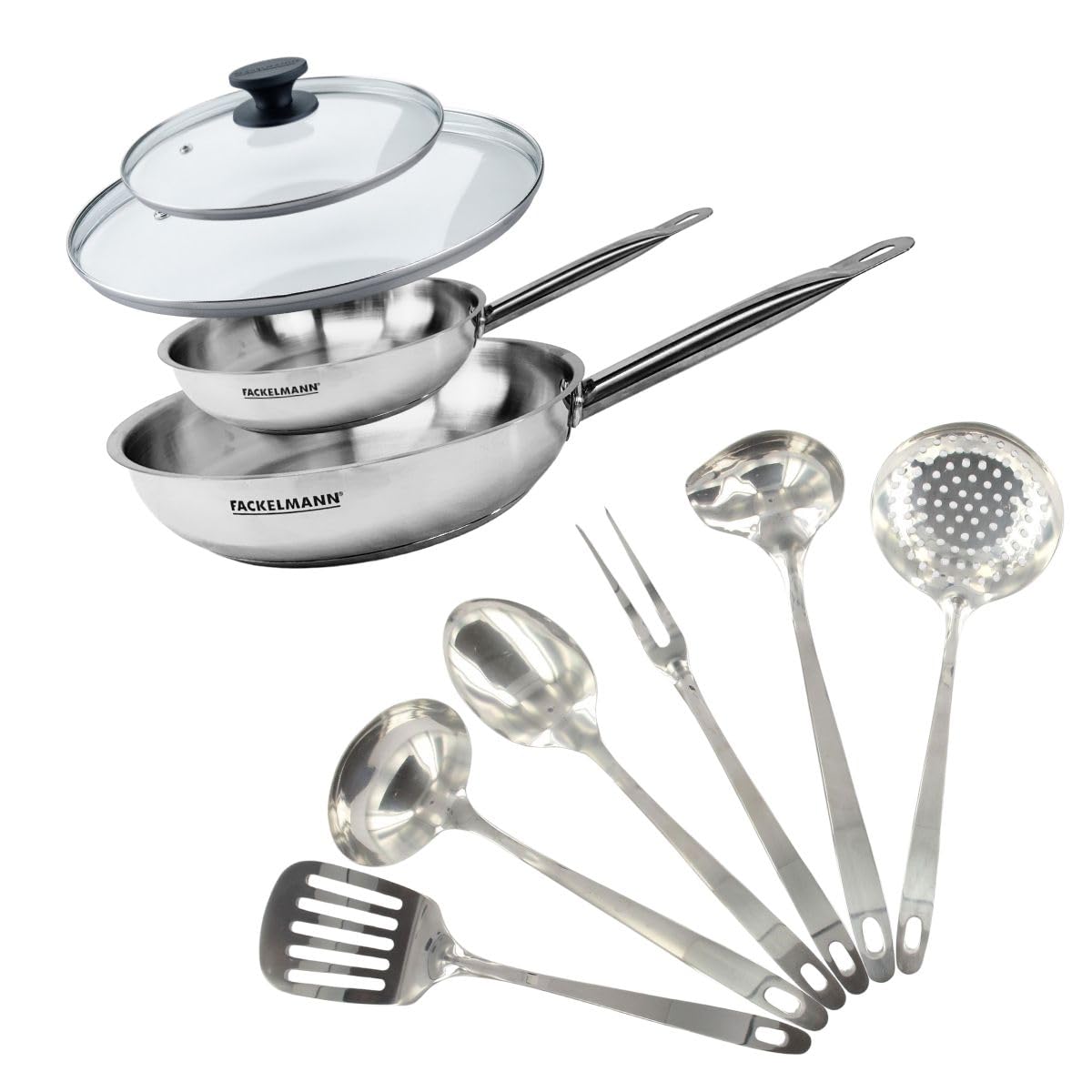 Fackelmann Set poêles inox 20 et 28 cm, couvercle et 6 ustensiles inox