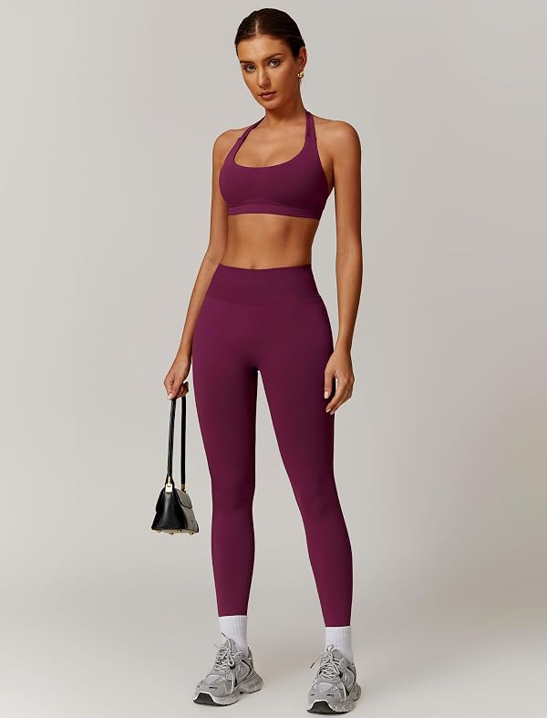 ABOCIW Workout Sets for Women, Halter Sports Bras Matching Seamless Scrunch Butt Lifting High Waist Leggings 2 Piece Gym Yoga Outfits Activewear Work Out Clothes Berry X-Small by ABOCIW - Image 5