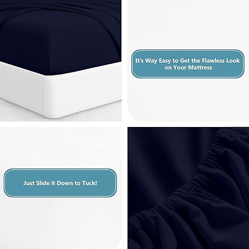 Miniatura 5 de Juego de sábanas de 4 piezas tamaño individual (39 x 75 pulgadas), color azul marino, 100% algodón egipcio, sábanas refrescantes de 600 hilos,
