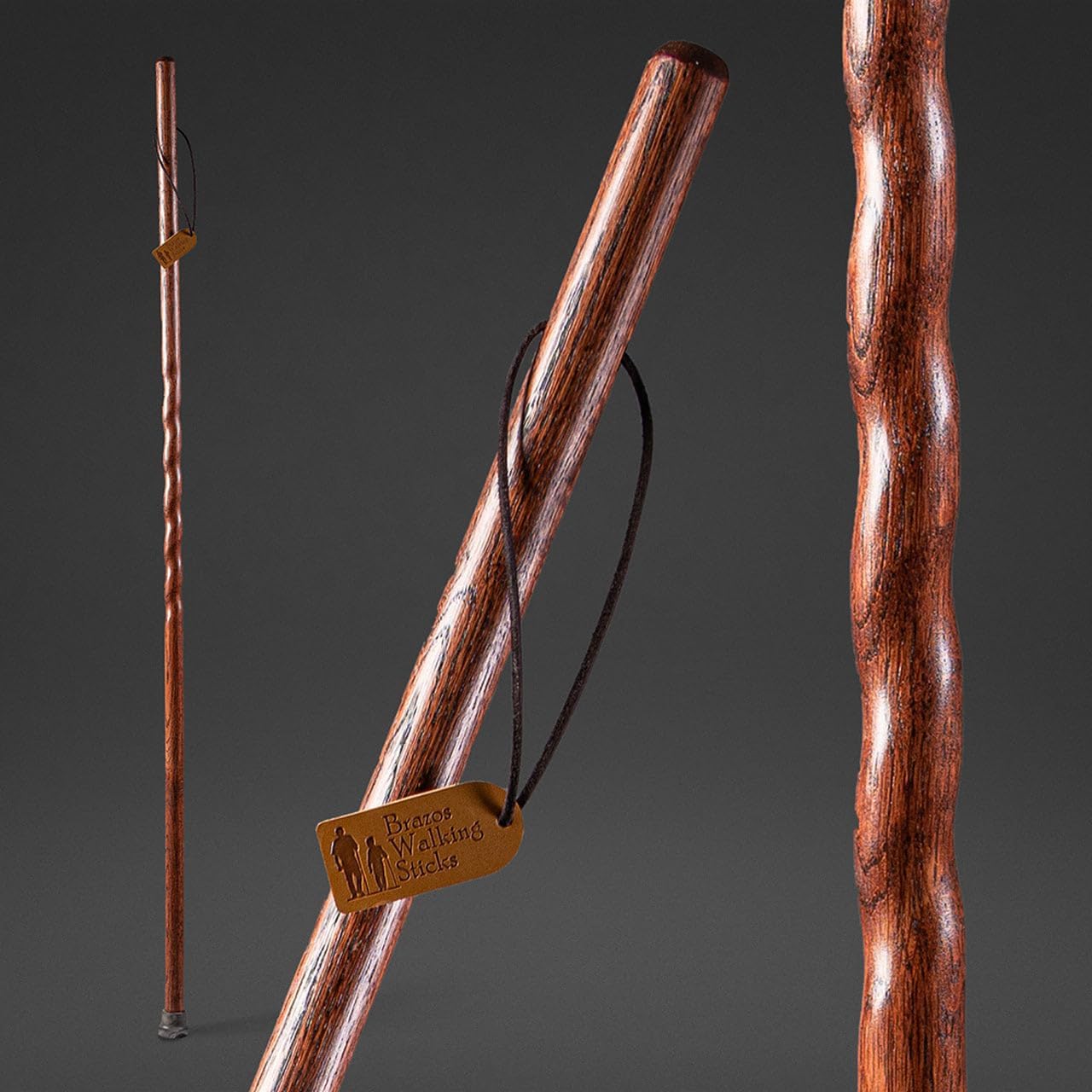 Brazos Handcrafted Wood Walking Stick, Twisted Oak, Trekker Style Handle, for Men & Women, Made in The USA