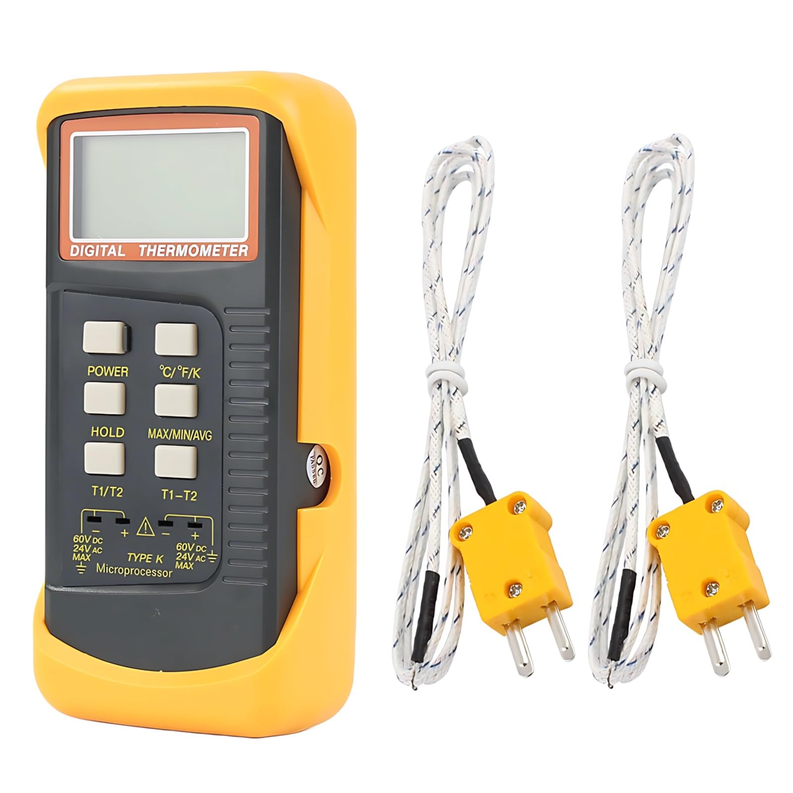 Digitales Thermometer, 2-Kanal K-Typ Thermometer, -58℉ bis 2372℉, -50℃ bis 1300℃, Doppel-Eingang, T1 T2 Temperaturdifferenz, ABS und PVC, tragbares Temperatur-Pyrometer mit 2 K-Typ-Fühlern