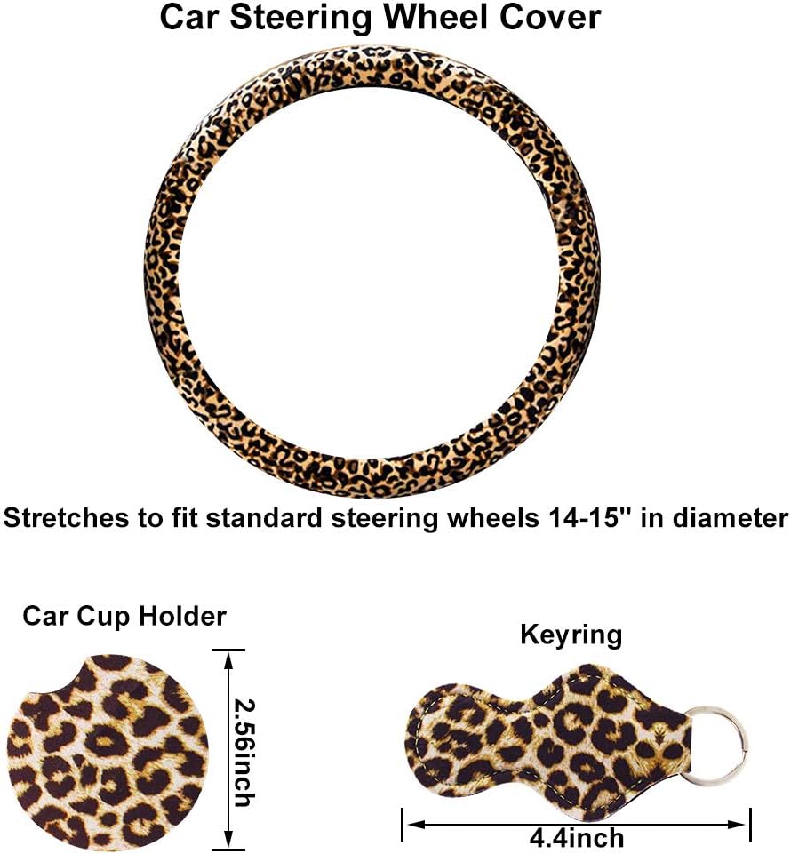 Hicdaw 4Pcs Leopard Car Accessories Leopard Steering Wheel Cover for Women with Leopard Steering Wheel Cover Sunflowers Keyring Car Vent Seat Belt