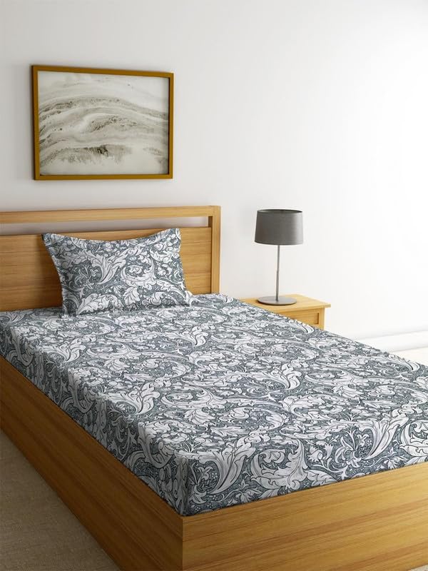 Image of la' amour Cotton Printed 160 tc Flat Single Bedsheets for Summer with Pillow Cover Breathable | Wrinklefree (Size-60 X 90 Inch) Floral, Beige Classic Plaid