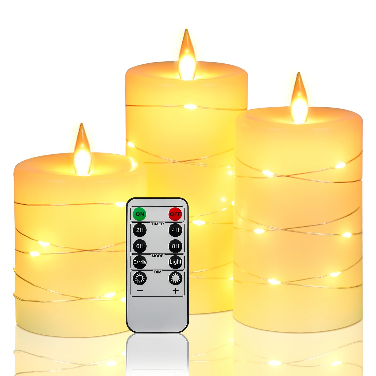 Da by Flameless Candles with String Lights,Battery Operated Candles,LED Flickering Candles with Remote Control and Timer, Real Wax, 3 Pack-Ivory