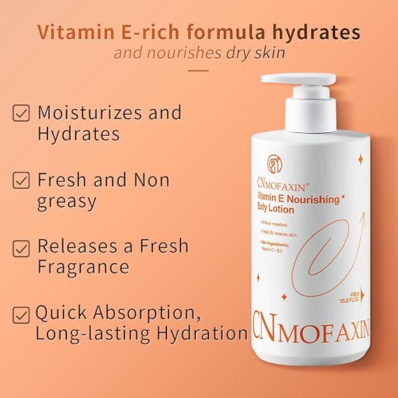 Vitamin E Body Lotion 480ml - 48 Hour Moisture with Shea Butter, Urea & Aloe Vera - Deep Hydration for Dry to Normal Skin - Non Greasy Daily Body Moisturiser for Smooth Skin