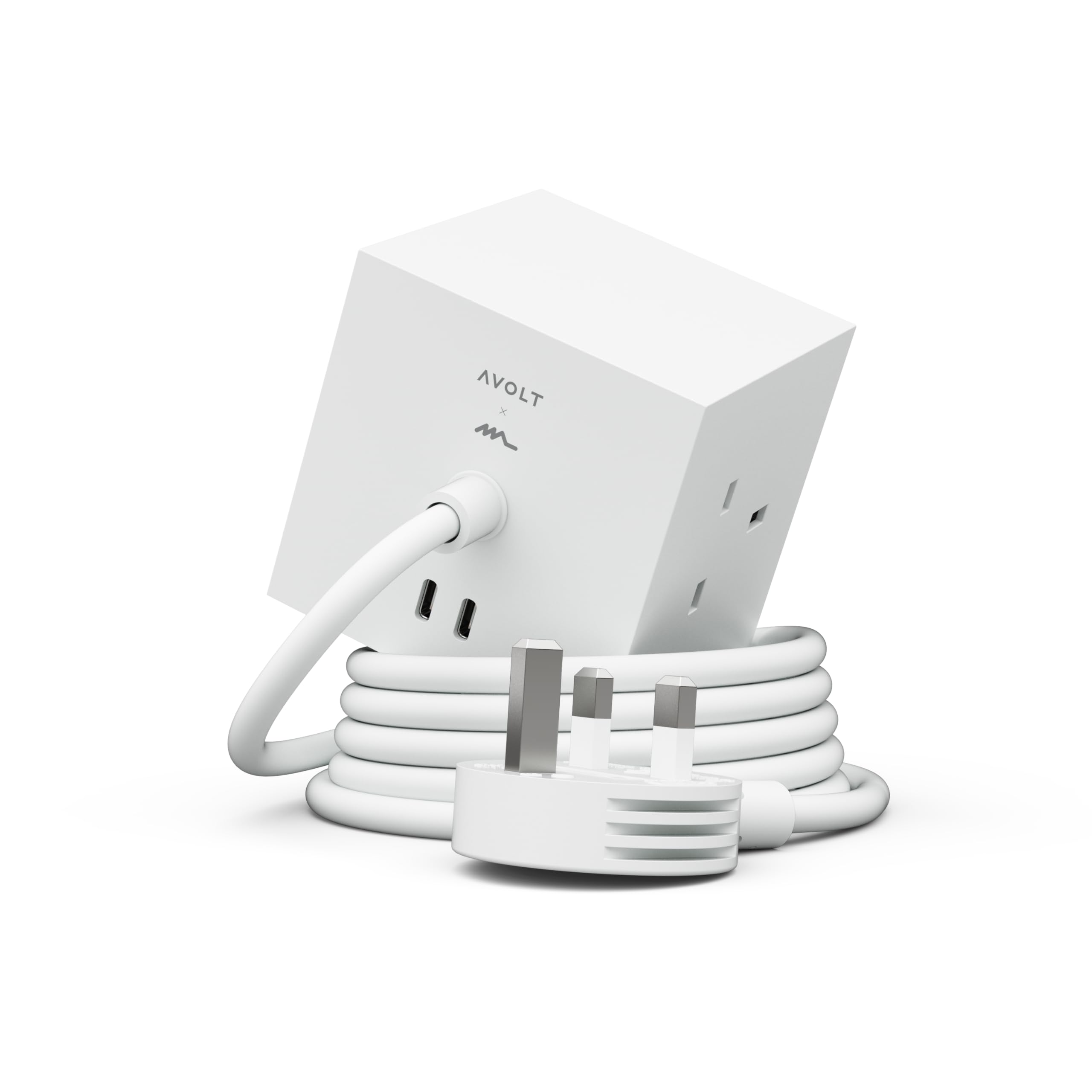 Avolt Square 1 Magnetic Extension Lead Cube with USB-C – Design Power Cube with 3 UK Sockets, 2 USB-C Ports & 1.8 m Cable – Modern Desk Extension Lead for Home, Office & Workspaces (Opal White)