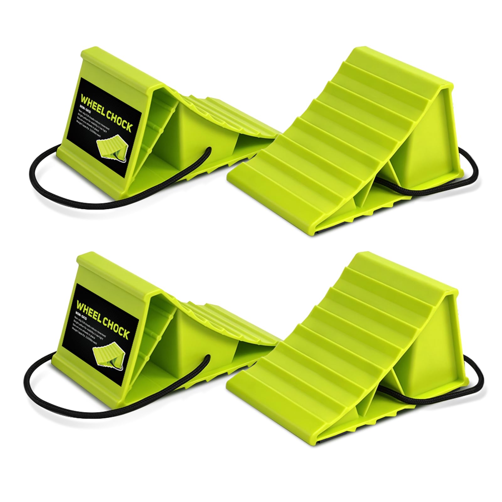 HOXWELL 2 Pair Wheel Chocks for Travel Trailers, Non Slip Heavy Duty Green Wheel Chock with Rope, Lightweight Wheel Stoppers for Cars Campers Trucks RVs, Easy to Carry &amp; Suitable for Most Tyre Sizes