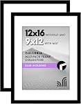 Americanflat 12x16 Picture Frame with Polished Plexiglass - Set of 2 - Use as 9x12 Frame with Mat or Display 12x16 Photo Without Mat - Galleria Collection - Picture Frames for Wall Display - Black