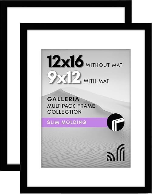 Americanflat 12x16 Picture Frame with Polished Plexiglass - Set of 2 - Use as 9x12 Frame with Mat or Display 12x16 Photo Without Mat - Galleria Collection - Picture Frames for Wall Display - Black