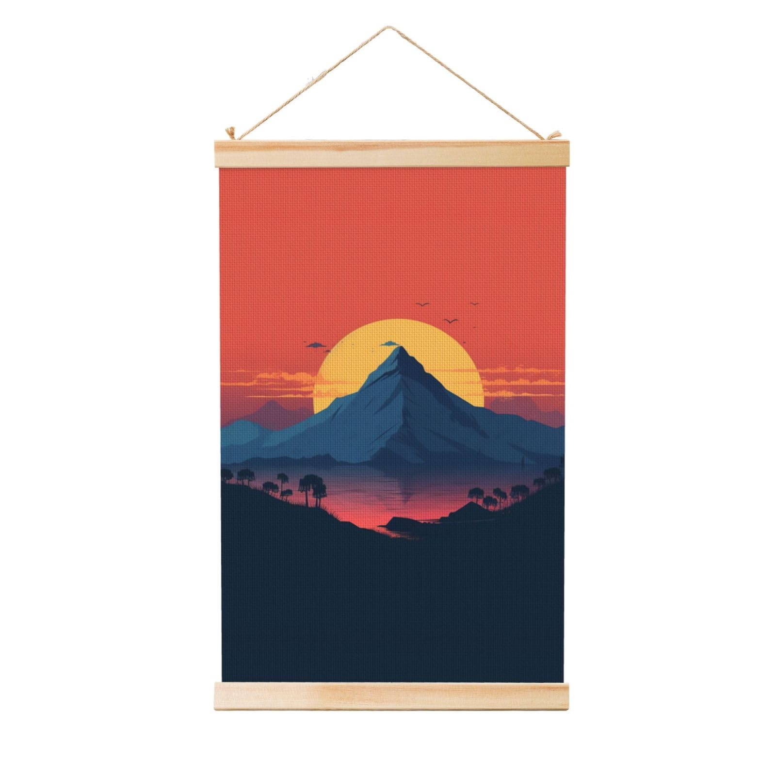 Sunset And Mountain top Poster Wooden Shaft Hanging Poster Wall Hanging Banner Canvas Artwork with Wood Frames 12"x18" Modern Artwork Decor Ready to Hang Wall Art for Home Decor Scroll Painting