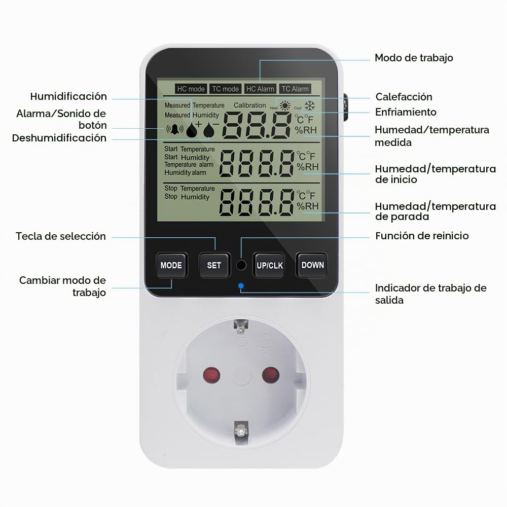 KETOTEK Controlador de Humedad/Temperatura, Humidistato Regulador Digital con Sonda, Higrostato Enchufe con Alarma para Incubadora Invernadero Humidificador Deshumidificador