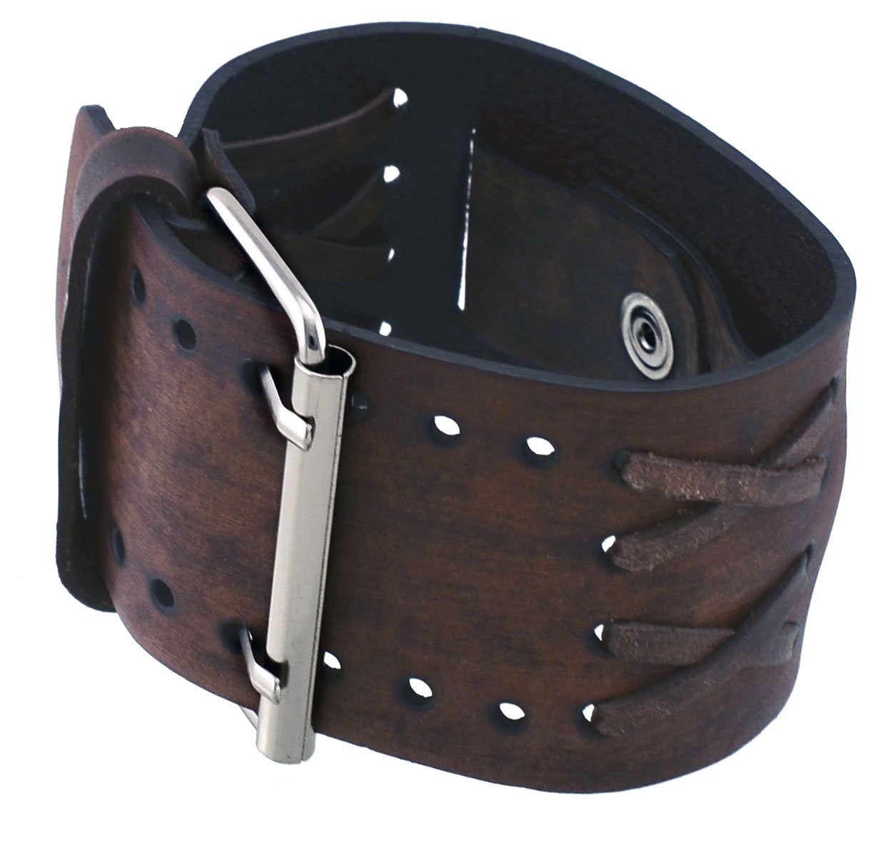 Nemesis #DXB-B 24mm Lug Width Wide CRIS Cross Distressed Moro Brown Leather Cuff Wrist Watch Band