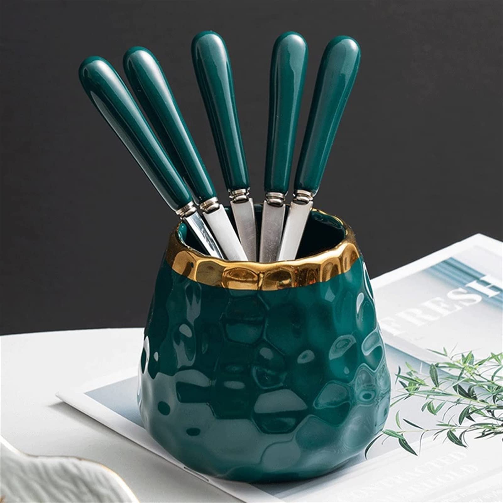 Löffel Restaurants Edelstahl-Obstgabel-Besteckset, mit Keramikspeicher-Dessert-Gabel-Besteck-Set, Luxus-Salat-Gabeln-Bestecksets Esslöffel Hause(Storage tank+5 silver forks)
