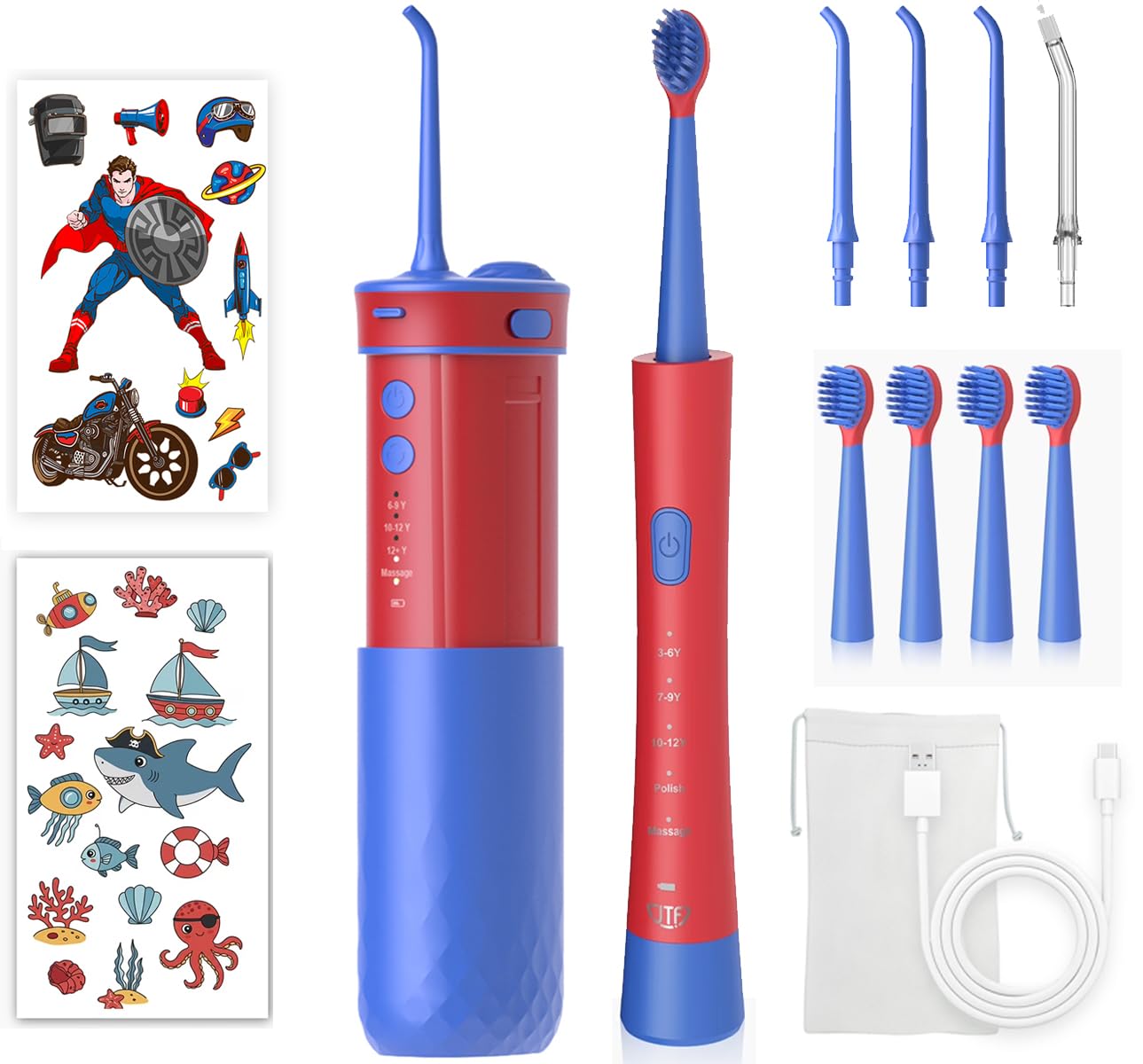 JTF Electric Toothbrush with Water Flosser Combo for Kids 2-1 Oral Clean Kit for Teeth Brushing Flossing Multiple