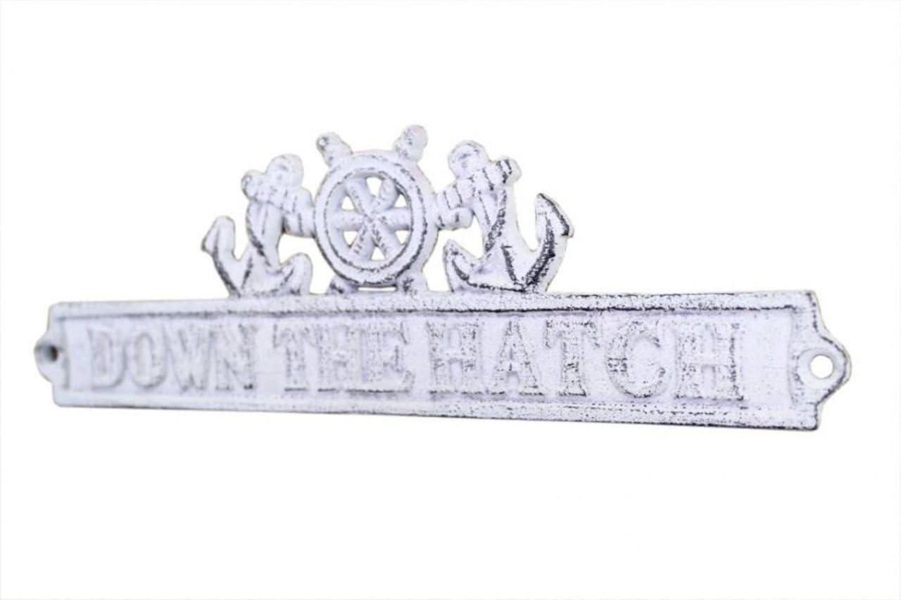 Hampton Nautical K-9327-w Cast Iron Down the Hatch Sign Ship Wheel Anchor, 9", Whitewashed