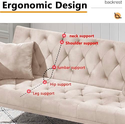 Miniatura 6 de Sofá cama plegable convertible de 71 pulgadas, moderno sofá biplaza de terciopelo con 2 almohadas, sofá cama futón con colchón y marco para sala de