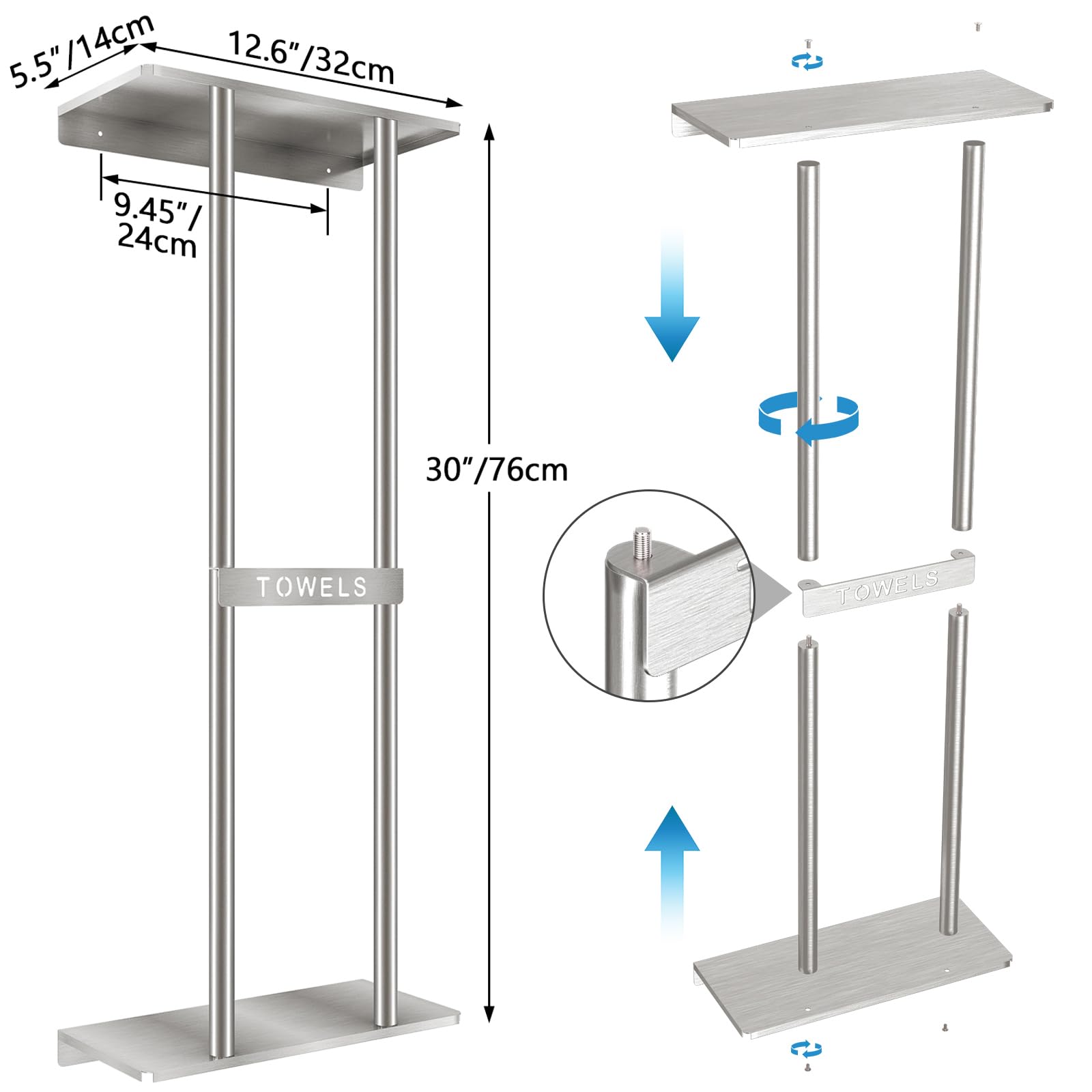 STWWO Toallero de Baño de Pared 76cm Toallero Vertical con Estante Plata Almacenamiento para Toallas enrolladas Baño Soporte para Toallas de Mano Grandes Toallas de Playa, Metal