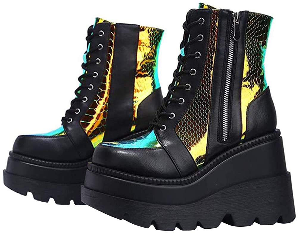 Platform Ankle Boots for Women High Heel Wedge Lace up Side Zip Combat Boots