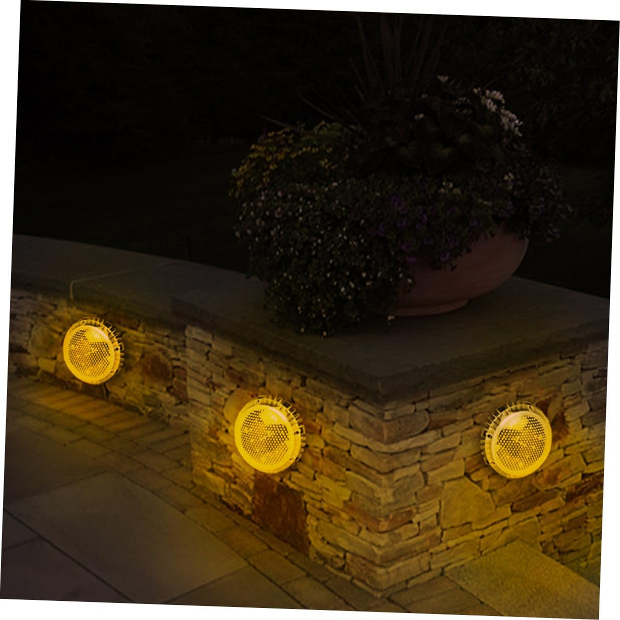 4pcs Warm Light LED Solar-Powered Ground Lights for Garden and Lawn Outdoor Landscape In-ground Disc Lamps with Black Housing for Patio Pathway Lighting