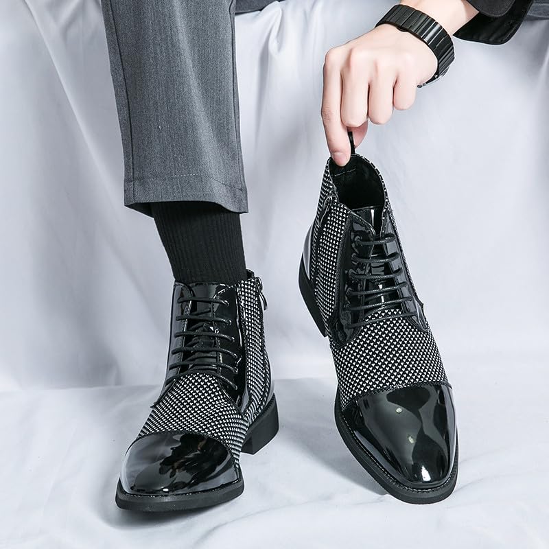 Santimon Men's Patent Leather Lace-Up Oxford Boots Houndstooth Print Zipper Dress Tuxedo Ankle Motorcycle Boots2
