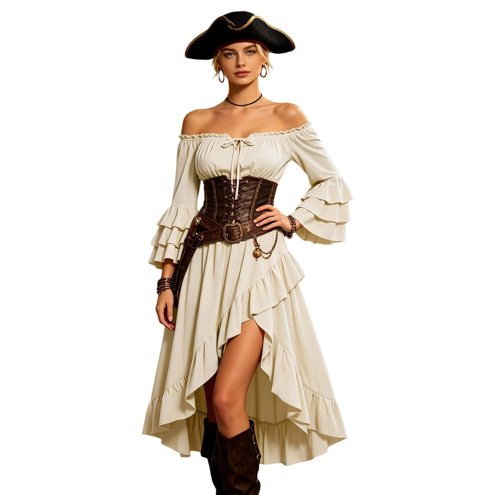 Genérico Traje De Halloween Mujer,Vestido Elegante Dama Escote Volante Manga AsiméTrica Espalda Atuendo Medieval Renacentista Para InterpretacióN Teatral FestíN Disfraz HistóRico Femenino